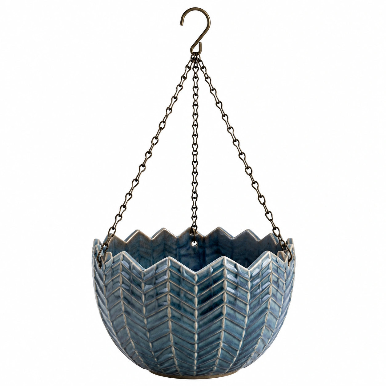 Hängender Blumentopf 25 cm Keramik Blau mit Metallketten für Pflanzen