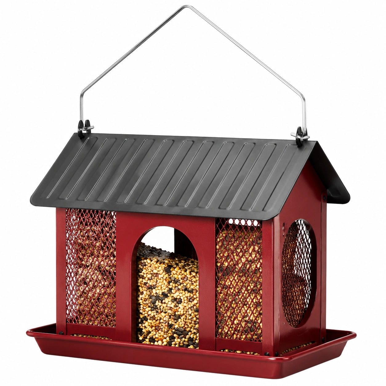 Vogelfutterhaus 30 x 25 x 35 cm aus Metall Rot Schwarz zum Aufhängen