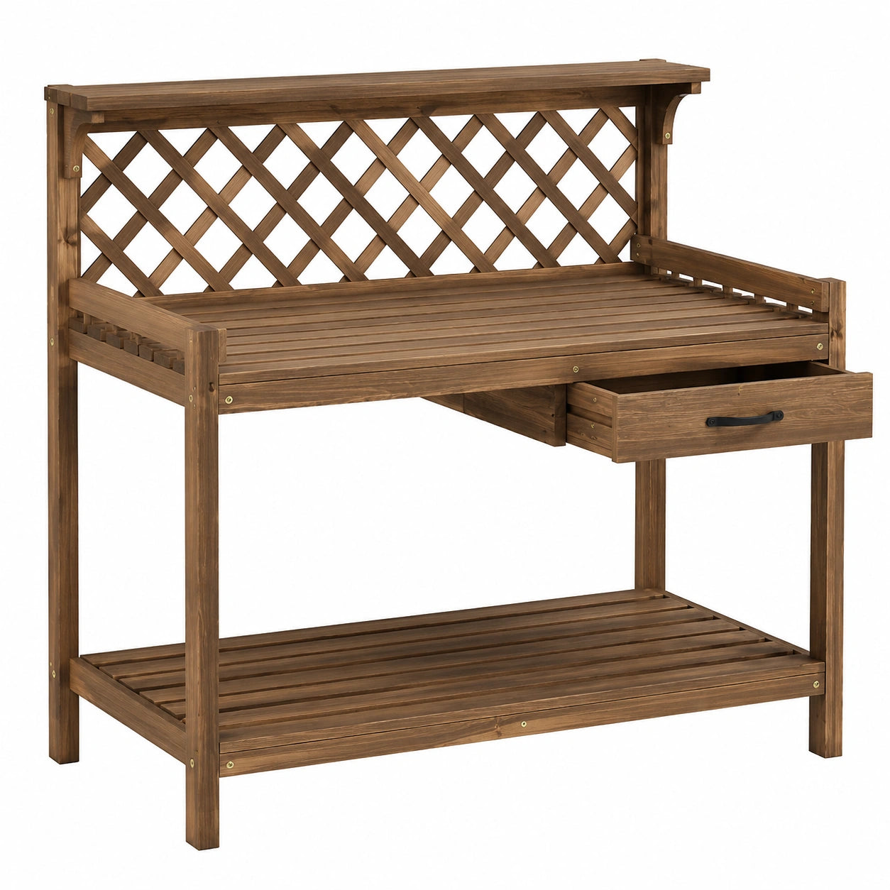 Gartenarbeitstisch 120 x 50 x 180 cm aus Holz Braun mit Gitterwand Schublade und Ablage